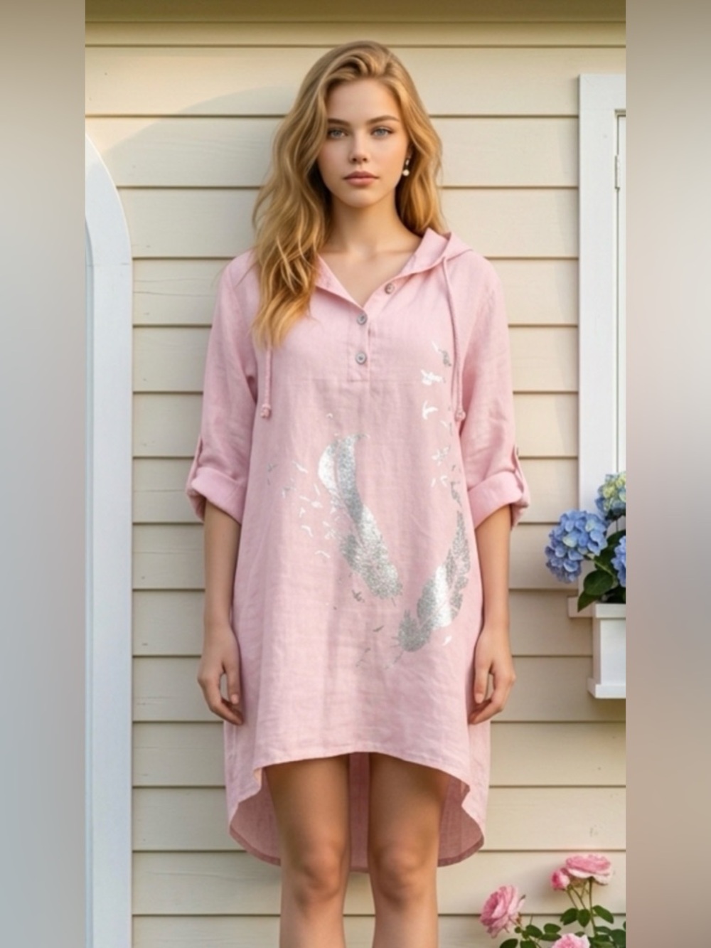 Light Pink Hooded Linen Tunic with Silver Foil Detail